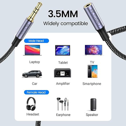 MOSWAG 3.5mm Extension Cable 6.6FT/2Meter Audio Male to Female Stereo Extension Adapter Nylon Braided Cord Compatible for Home/Car Stereos Smartphones Headphones Tablets Media Players and More