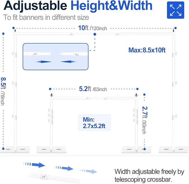 EMART Backdrop Stand, 8.5x10ft Width Adjustable Photography Background Support Poles with Heavy Duty Flat Base, Photo Metal Steel Pipe and Drape Frame Kit for Parties Birthday Wedding - White