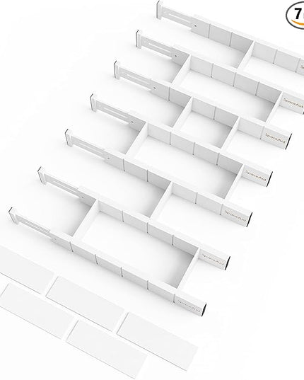 SpaceAid Bamboo Drawer Dividers with Inserts and Labels, Kitchen Adjustable Drawer Organizers, Expandable Organization for Home, Office, Dressers, 7 Dividers with 15 Inserts (17"-22" White)
