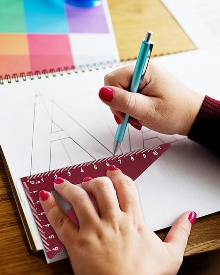 Honagu Triangular Ruler Set, 4 Pieces Aluminum Alloy Ruler, Metal Drafting Ruler, Geometric Protractor for Students, Draftsmen, Engineers, School Office Supplies (Rose Red)