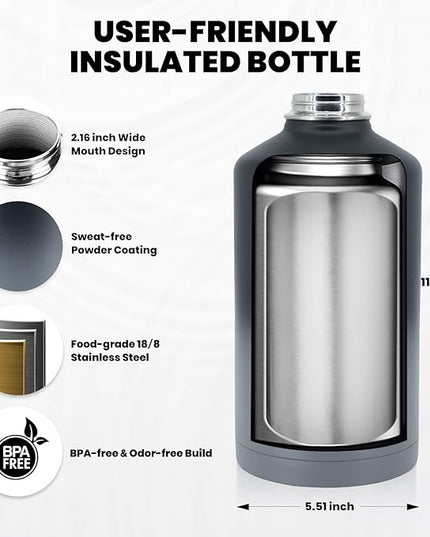 One Gallon Water Bottle Insulated, Triple Walled Vacuum Stainless Steel (Cold for 48 Hrs), Leak Proof & Non-BPA, Large Water Flask Jug with Paracord Handle & Straw Spout Lids