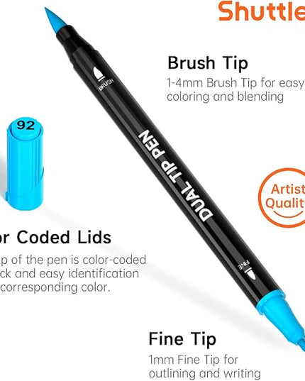 Shuttle Art Dual Tip Brush Pens, 96 Colours Fine and Brush Tip Markers Set with Pen Holder & 1 Colouring Book, Felt Tip Colouring Pens for Adults and Children Colouring Calligraphy Journal Doodling