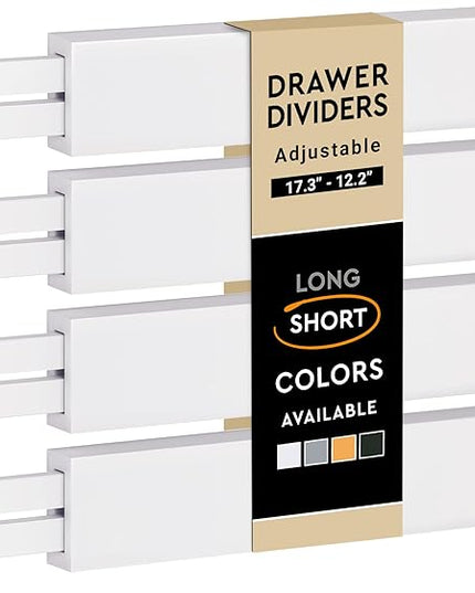 4-Pack Bamboo Drawer Dividers - 2.6" High, 12.5"-17" Adjustable Drawer Organizers for Clothes, Expandable Dresser Separators in Bedroom/Bathroom/Kitchen/Office Organization and Storage (White)
