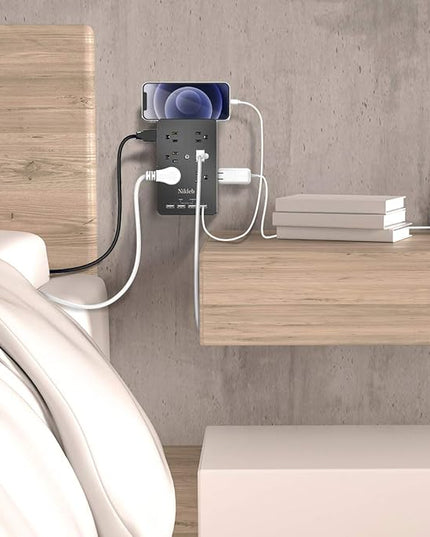 Surge Protector Nikleb, Wall Outlet with 4 USB Ports 5V 4.8A Total, 12 Multi Outlet Extender, Multiple USB Plug Adapter Wall Mount, Phone Chargier Organizer with Phone Holder, Heavy Duty