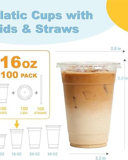 Coolcap 16 oz 100 Pack Disposable Clear Plastic Cups with Lids and Straws, Food Safe Bulk Iced Coffee Cups for Smoothies, Milkshakes and Other Cold Drinks