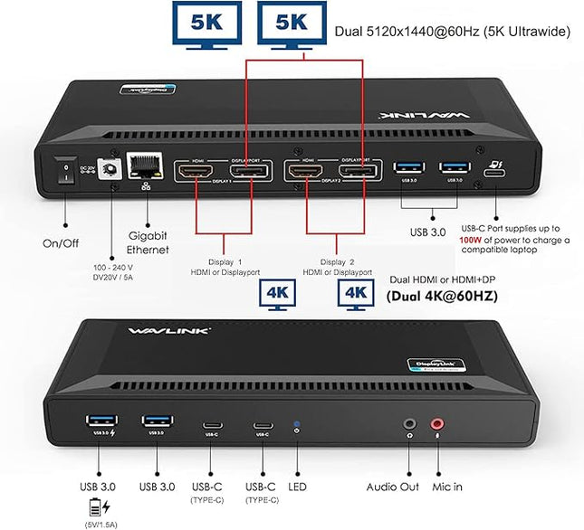 WAVLINK DisplayLink Laptop Docking Station - Dual Monitors 5K/4K@60Hz, 100W Charging - Thunderbolt 4/3, USB-C/A - M1 M2 Mac, Windows, Chrome, Ubuntu - 2HDMI, 2DP, 6 USB Ports, 130W Power, LAN, Audio