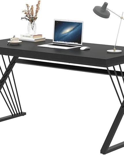 FOLUBAN Black Desk, Modern Wood and Metal Computer Desk for Home Office, Simple Writing Work PC Desks for Bedroom, Industrial Study Gaming Table for Living Room, Black, 53 Inch