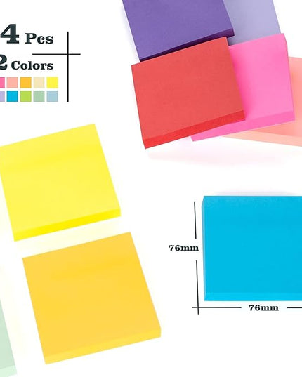 24 Pack Sticky Notes - 3 x 3 Inch Large Memo Pads with 2X Sticking Power,12 Bright Colors Sticky Pads,100 Sheets/Pad - 2400 PCS Super Sticky & Repositionable for Office,Notebook,School,and Daily Use