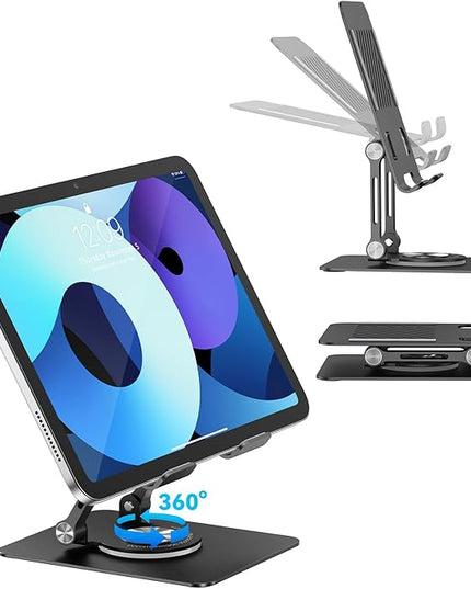 JUANWE Swivel iPad Stand for Desk, Aluminum Tablet Stand for Desk with 360 Rotating Base, Adjustable & Foldable iPad Holder, Compatible with Tablets, Switch, Kindle, Phone
