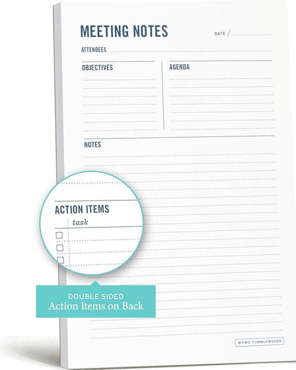 Meeting Notes Notepad - 6x9" - Double Sided Planning Pad - Objectives, Notes, Action Items & Follow-Ups - Undated Meeting Agenda - 50 Double-Sided Sheets