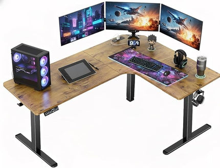 HUANUO 63″ Dual Motor L-Shaped Standing Desk, Built-in Power Outlets, Electric Height Adjustable Corner Computer Desk, Large Power Strip Holder, Sit Stand Up Desk with 3 Preset Heights, Vintage Brown