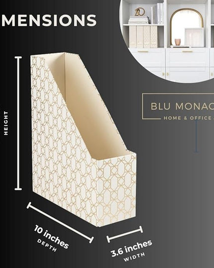 BLU MONACO | Cardboard Magazine File Holder Set of 4 | Vertical Magazine File Holder for Desk and Shelves | Cream Gold Foldable Magazine Holders with Label Slots