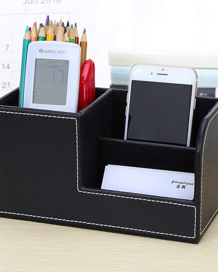 KINGFOM Desk Organizer Office Supplies Caddy Pu Leather Multi-function Storage Box Pen/Pencil,Cell phone, Business Name Cards Remote Control Holder Black