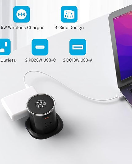 Pop Up Countertop Outlet with 15W Wireless Charger, PD20W USB & 15A Tamper Resistant, 3.15in Hole Surface Mount Electrical Receptacle with 4 (TR) Outlets & 4 USB for Desktop