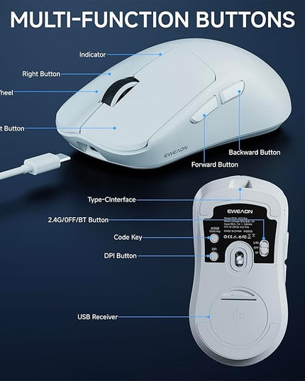 EWEADN X23Pro Wireless Gaming Mouse, PAW3311 Sensor, 49g Lightweight Mouse, 12000 DPI, 2.4G/BT5.0/USB-C Rechargeable Wireless Mouses with 6 Programmable Buttons for Laptop/PC/Mac, White