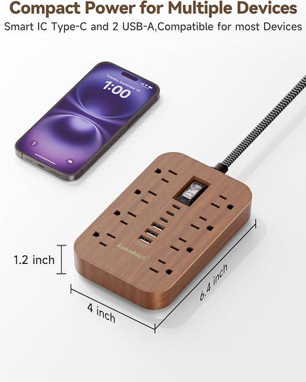 Walnut Power Strip with USB Ports - 5 FT Wood Power Strip, 1625W Decorative Extension Cord with 6 AC Outlet 3 USB, for Brown Tan Wood Walnut Grain Aesthetic Vintage Rustic Desk Accessories Decor