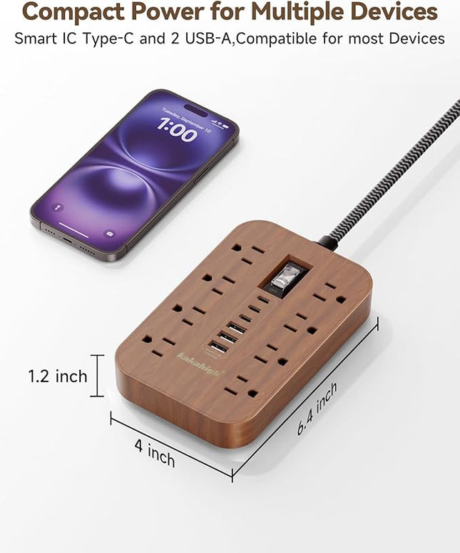 Walnut Power Strip with USB Ports - 5 FT Wood Power Strip, 1625W Decorative Extension Cord with 6 AC Outlet 3 USB, for Brown Tan Wood Walnut Grain Aesthetic Vintage Rustic Desk Accessories Decor