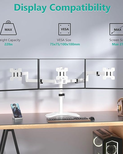 WALI Triple Monitor Stand, Free Standing Three LCD Monitor Fully Adjustable Desk Mount Fits 3 Screens up to 27 inch, 22 lbs Weight Capacity per Arm (MF003-W), White