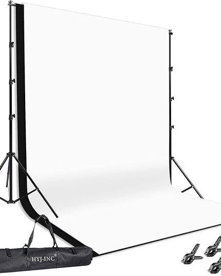 Photo Background Support System with 8.5 x 10ft Backdrop Stand Kit, 100% Cotton Muslin Backdrop (White Black),Clamp, Carry Bag for Photography Video Studio