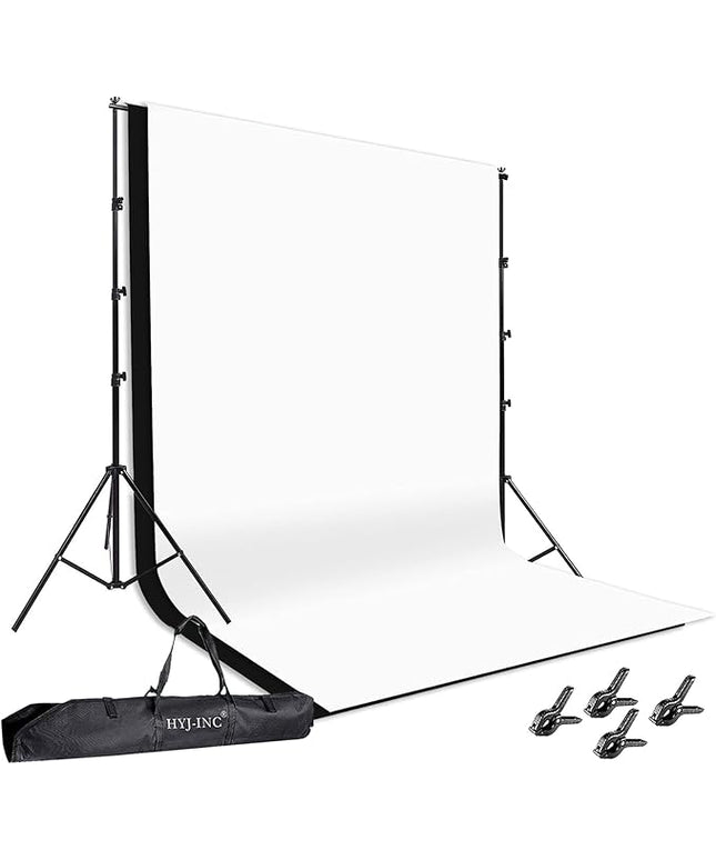 Photo Background Support System with 8.5 x 10ft Backdrop Stand Kit, 100% Cotton Muslin Backdrop (White Black),Clamp, Carry Bag for Photography Video Studio