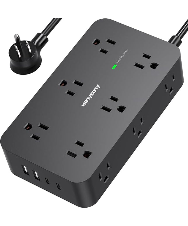 Power Strip Surge Protector with 12 Outlets 4 USB Ports(2 USB C), HANYCONY Black Flat Extension Cord 6 Feet, 1800J, Wall Mount, Desk Charging Station for Office Home College Dorm Room Essentials
