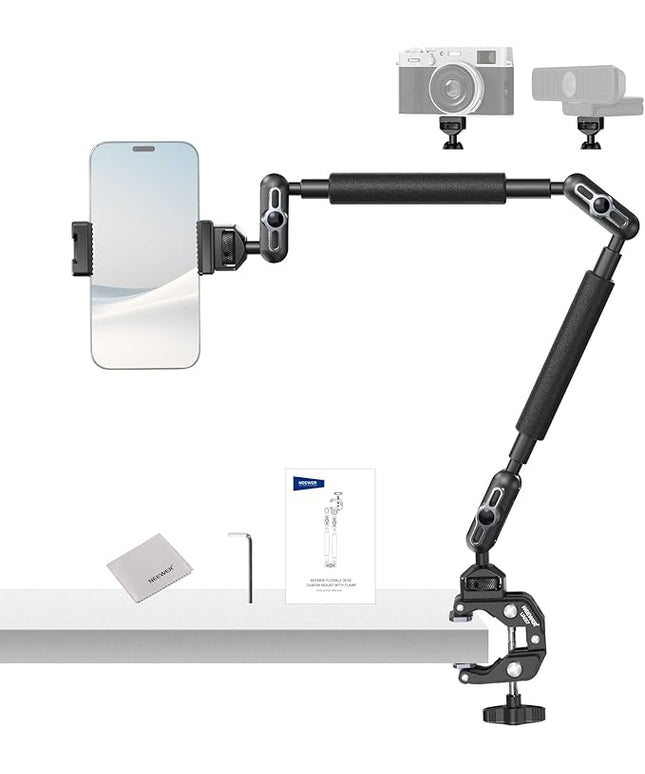 NEEWER Magic Arm Camera Mount, Overhead Desk Phone Mic Stand Holder, 22" Articulating Boom Arm C Clamp 1/4" 3/8" Threads for ARRI for Microphone Webcam Action Camera Video Light, Cleaning Cloth, UA057