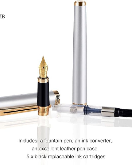 HDDNB Silver Luxury Fountain Pen Set for Men and Women with Gift Box, 24K Gold Finish and Gilded Nib(Extra Fine) with 5 Black Ink Cartridges and Converter