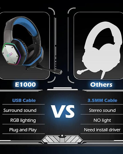 EKSA E1000 Gaming Headset, Computer Headphones with Noise Canceling Mic & RGB Light, 7.1 Surround Sound, Compatible with PC, PS4 PS5 Console, Laptop (Blue)