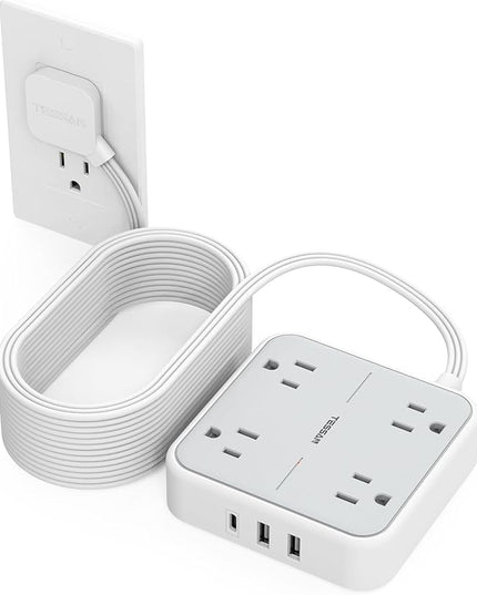Surge Protector Long Extension Cord 25FT, TESSAN Flat Plug Power Strip with 4 Outlets 3 USB Ports (1 USB C), 900 Joules Protection, Multiple Wall Outlet Extender Suitable for Home Office Dorm, Grey
