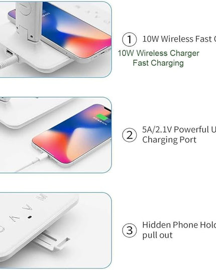 IHAO Multi-Functional Desk Lamp 10W Qi Wireless Charger 3 Color Modes 5 Brightness Levels Eye-Caring LED Light Faux Leather Finish Calendar Temperature Display Office Table Lamp TX26 Black