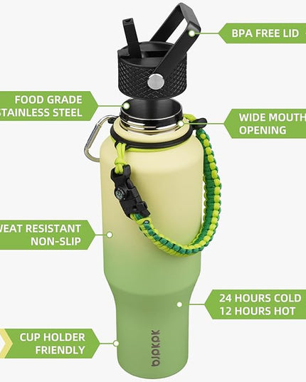 BJPKPK Insulated Water Bottles with Straw Lid, 35oz Metal Water Bottle with 2 lids & Paracord Strap, Double Wall Stainless Steel Vacuum Tumblers, Cups, Mugs, Thermo for Hot& Cold Drinks, Fresh Green