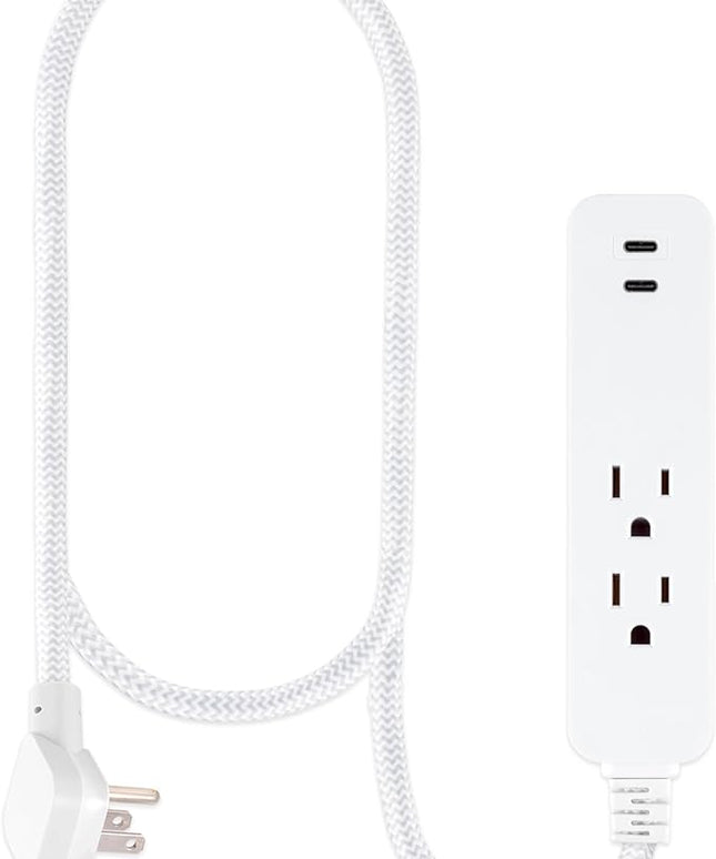 GE 2 USB C Extension Cord Power Strip, 2 Outlets, 4 Ft Braided Cord, Flat Plug, 245 Joules, 12W Charging Power, 16AWG, White, 87434