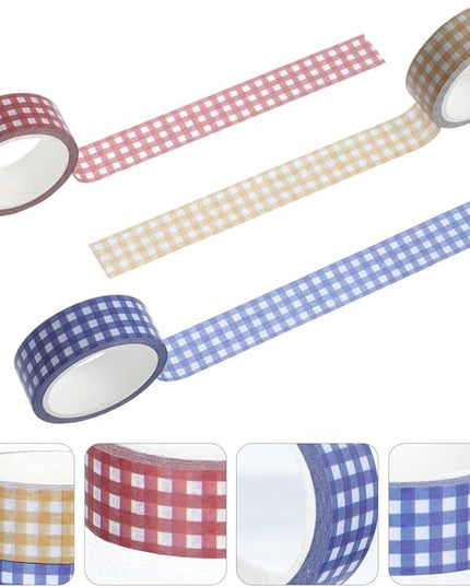 VILLCASE 12 Rolls Vintage Grid Pattern Washi Tape Retro Decorative Paper Tapes for DIY Journals Scrapbooking Planners Crafts Red Blue Yellow for Creative Stationery and Wrapping