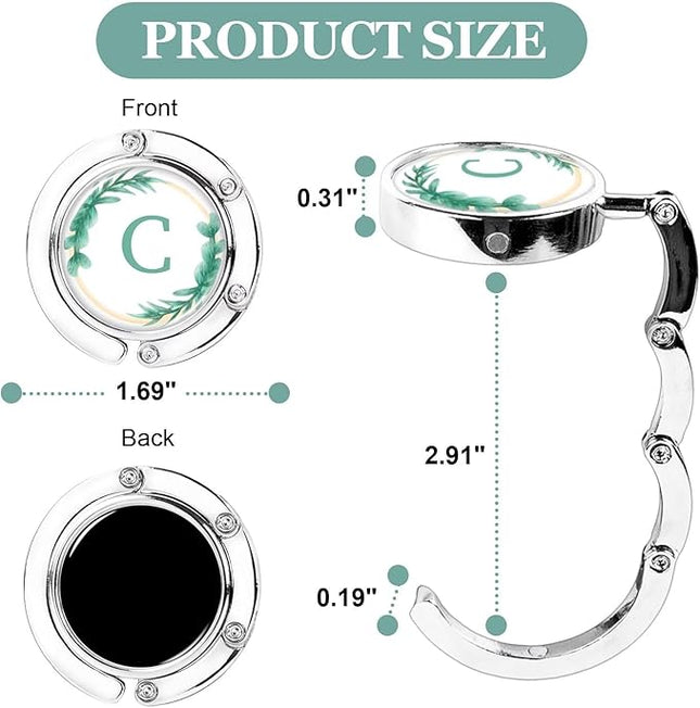 XSUIOY 3Pcs Personalized Initial Foldable Purse Hook for Table,Crushed Flower Letters Folding Purse Hanger,Purse Holder Handbag Hanger Collection Desk Table Bag Hooks Gifts for Women Bag(Green-C)