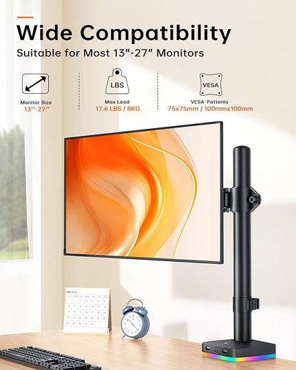 RGB Single Monitor Desk Mount, Monitor Arm with 3 USB Ports, Charging and USB Data Transfer Function, Desk Mount for 13"-27" Monitors up to 17.6lbs, Adjustable Height, Tilt, Swivel, Rotate