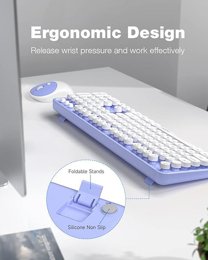 MOFII Wireless Keyboard and Mouse Combo, Computer Full Size 2.4G Plug and Play Wireless Typewriter Retro Round Keyboard and Mouse Set for Windows, Computer, Desktop, PC, Notebook - (Light Purple)
