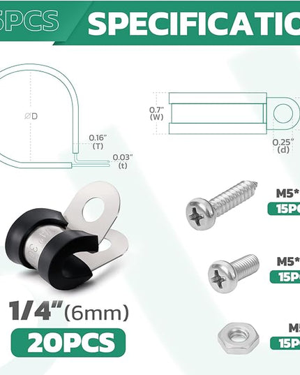 OURU 20PCS 1/4 Inch Cable Clamps with 45PCS Screws Assortment Kit 304 Stainless Steel Rubber Cushioned Insulated Cable Clamp, Automotive Wire Pipe Clamps(6mm)