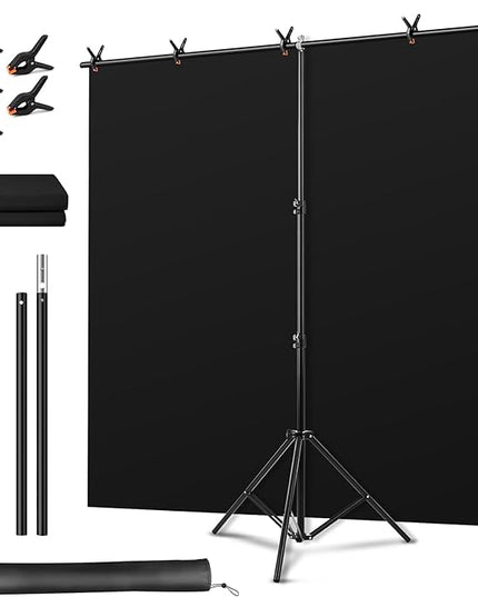 Black Screen Backdrop Kit, Portable Blackscreen Background with T-Shaped Stand, 5 Clamps & Carrying Bag for Photography, Streaming, Zoom, Gaming, (Black, 6.5 Feet X 5.0 Feet)