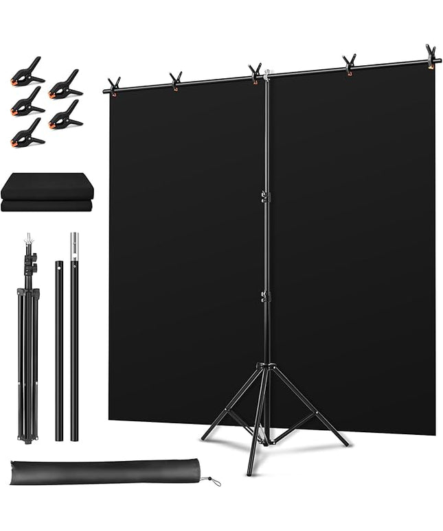 Black Screen Backdrop Kit, Portable Blackscreen Background with T-Shaped Stand, 5 Clamps & Carrying Bag for Photography, Streaming, Zoom, Gaming, (Black, 6.5 Feet X 5.0 Feet)