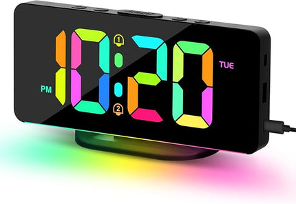 ALANAS RGB Digital Alarm Clock, Color Changing Mood Light with 10 Colors, Dual Alarm with Snooze, Dimmable Display, USB Charger, Adjustable Volume, Plug in, Bedroom Desk Clock for Teens, Adults