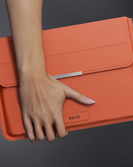 INVZI MacBook Sleeve, Vegan Leather Bag Compatible with 15”/16" MacBook Pro M3/M2/M1/Max 2024-2019, Compact Design with Invisible Stand (Saddle Brown)