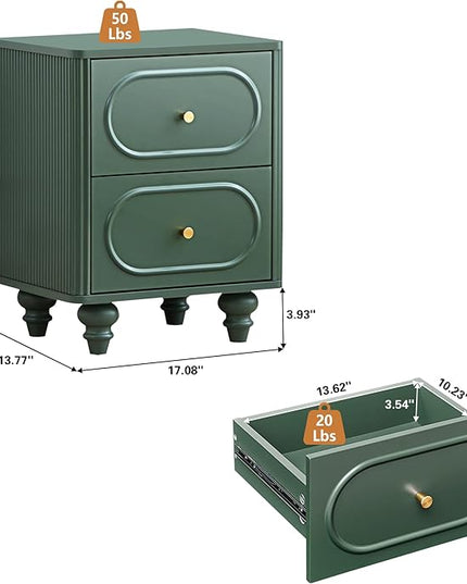 2 Drawer Fluted Mini Small Dresser for Bedroom Set of 2, Mid Century Modern Nightstand Bedside End Table, Wood Storage Dresser Organizer for Bedroom, Green