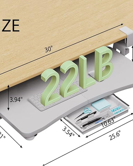 Desktop Keyboard Tray, Under Desk Pull Out,25.59" X 11.81" Large Size Radian Keyboard Tray with C-Clip Mount, Easy Installation, Computer Keyboard Stand, for Home Study and Office(White)