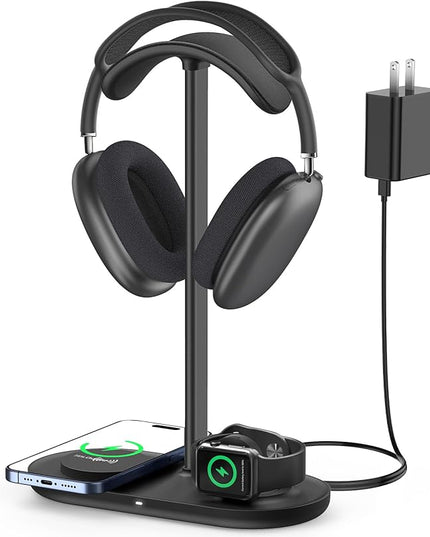 HiWe Universal Headphone Stand, Magnetic Wireless Charger for iPhones/AirPods/iWatch, Aluminum Alloy Rod, Leather Pad, ABS Solid Base, Black