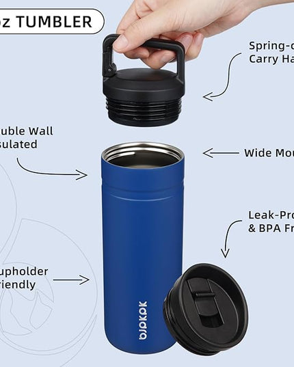 BJPKPK Insulated Water Bottle with 2 Lids,20 oz Double Wall Stainless Steel Vacuum Tumbler Travel Coffee Mug,Wide Mouth Thermal Cup,Sapphire Blue
