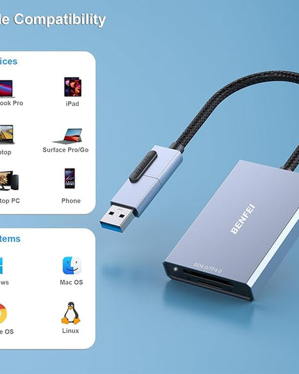 BENFEI SD 4.0 Card Reader, USB-C/USB-A 2-in-1 Memory Card Reader, for SDXC, SDHC, SD, MMC, RS-MMC, Micro SDXC, Micro SD, Micro SDHC Card, UHS-II, and UHS-I Cards