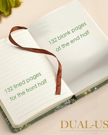 Pocket Notebook, A6 Journal, Small Embroidered Journal, Cute Fabric Notebook, Lay Flat Hardcover Journal, 4x6 Lined Notebook & Sketchbook, Personal Writing Journal for Women, Green Dandelion