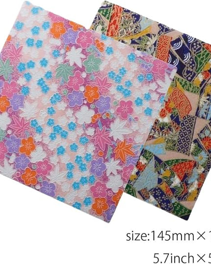 Made in Japan Echizen Washi Notebook with Sakura Watermark (Page 48)& 2 sheetsYuzen Origami Paper Set – Luxury Japanese Stationery Gift (Colorful Floral Tiles)