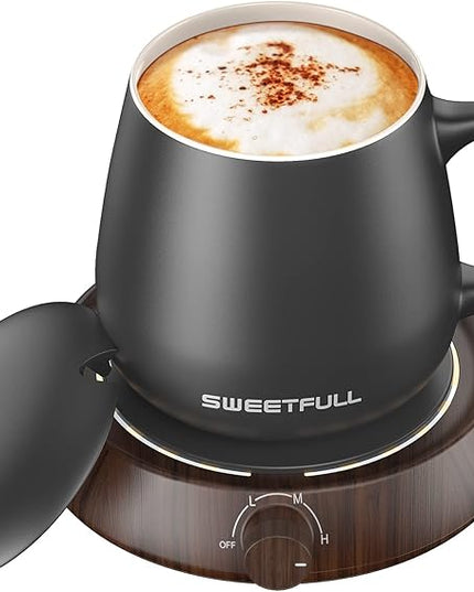 SWEETFULL Mug Warmer for Coffee and Tea Coffee Mug Warmer Set W/Mug and Lid Coffee Warmer As Coffee Gifts for Desk Office Coffee Lovers. （20W Cup Warmer Candle Warmer Auto Shut Off） (Wood Grain)