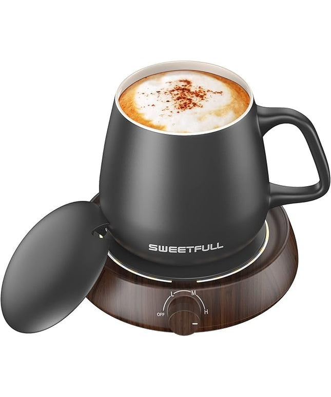 SWEETFULL Mug Warmer for Coffee and Tea Coffee Mug Warmer Set W/Mug and Lid Coffee Warmer As Coffee Gifts for Desk Office Coffee Lovers. （20W Cup Warmer Candle Warmer Auto Shut Off） (Wood Grain)